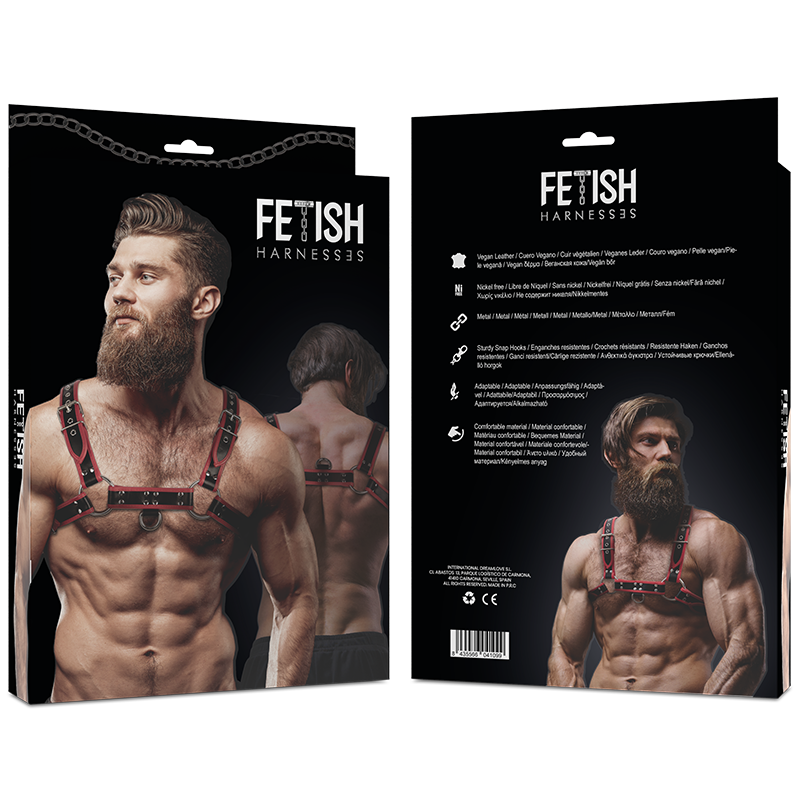 FETISH SUBMISSIVE ATTITUDE - ARNÊS DE PEITORAL DE COURO ECOLÓGICO MASCULINO PRETO/VERMELHO