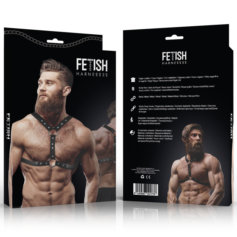 FETISH SUBMISSIVE ATTITUDE - ARNÊS DE PEITO DE COURO ECOLÓGICO COM SUPORTE DUPLO E TACHAS PARA HOMENS