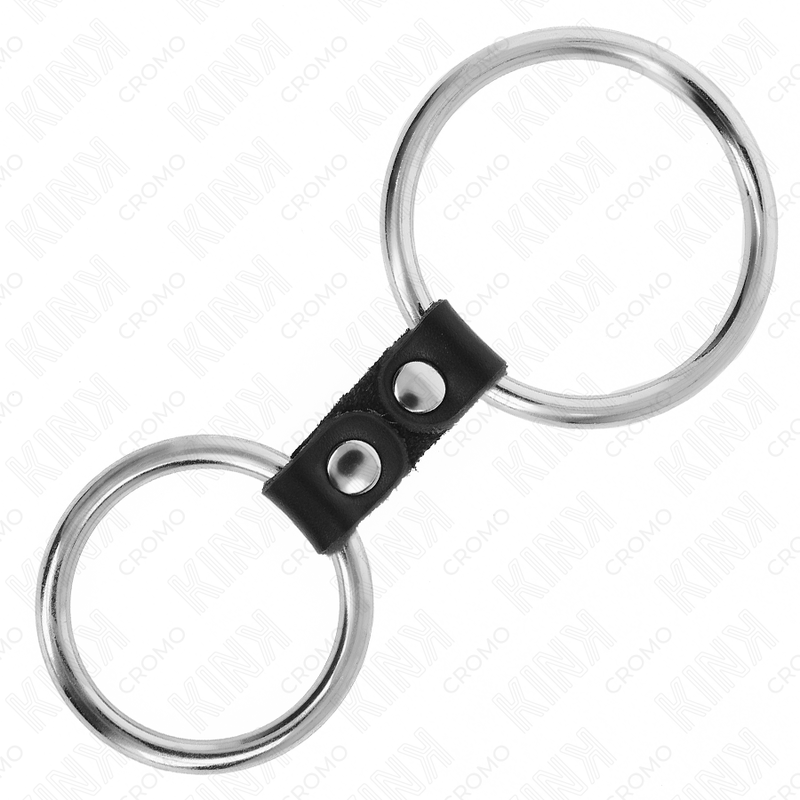 KINK - ANEL DE PÊNIS DUPLO DE METAL 3,7 CM A 5 CM CONECTADO POR TIRA DE COURO MODELO 2