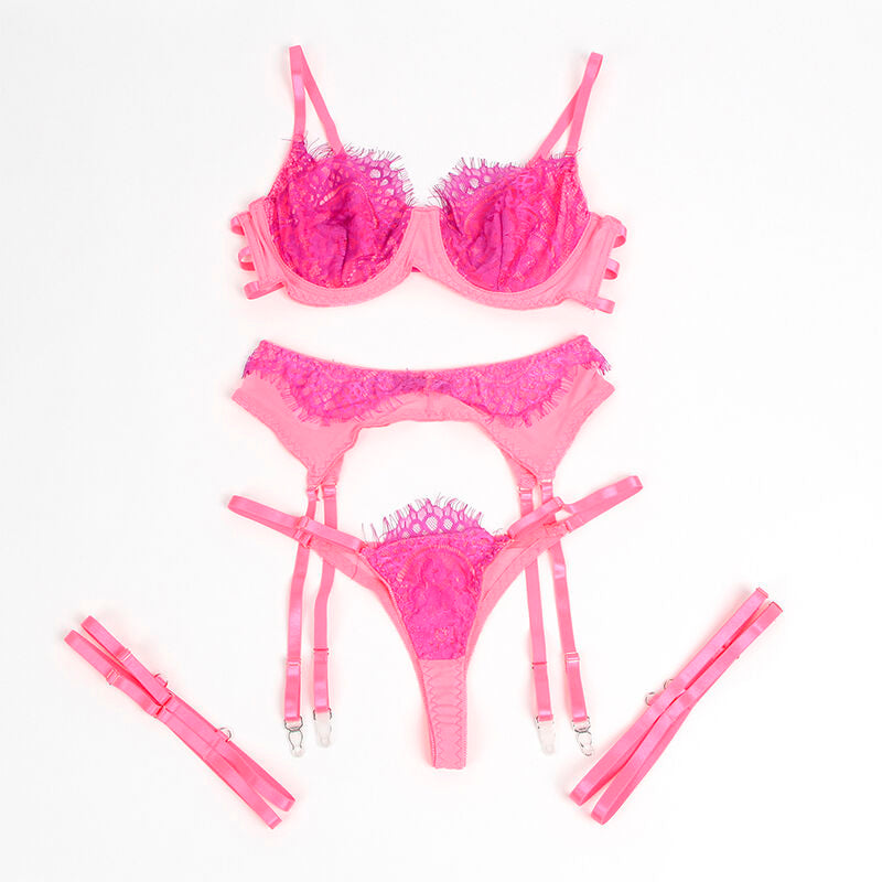 SUBBLIME - 955366 CONJUNTO DE SUTIÃ COM RENDA E LIGAS ROSA E ROXO L/XL