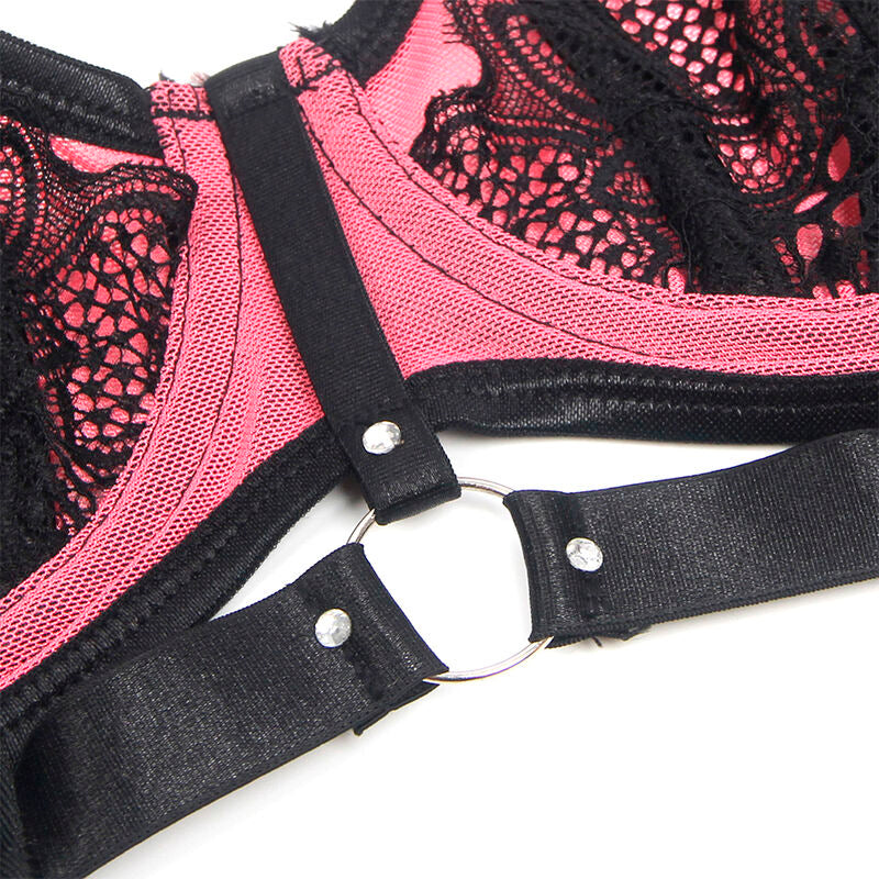 SUBBLIME - 955571 CONJUNTO DE SUTIÃ DE COURO VERDE COM ZÍPER DE MALHA ROSA P/M
