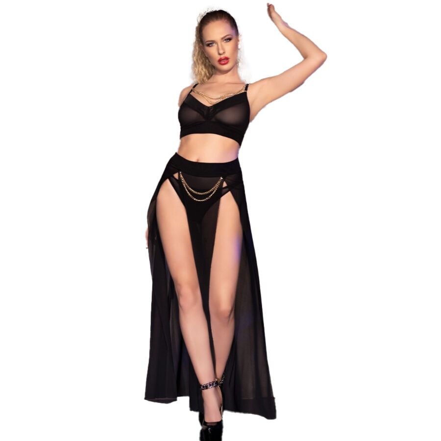 CHILIROSE - CR 4672 SAIA TOP PRETA E TANGA COM CORRENTES DOURADAS S