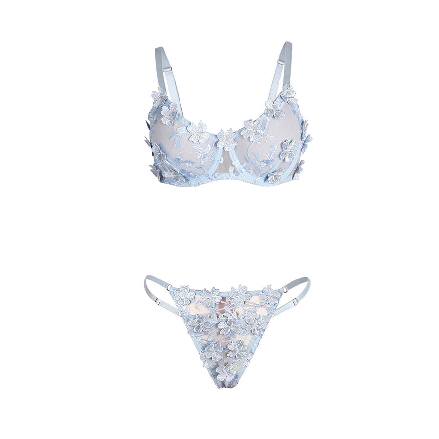 SUBBLIME - 957629 CONJUNTO DE SUTIÃ E CALCINHA BORDADOS COM FLORES AZUL CELESTE S/M