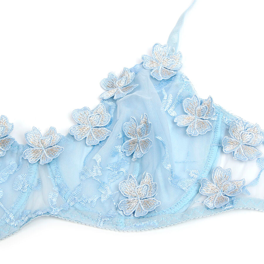 SUBBLIME - 957636 CONJUNTO DE SUTIÃ E CALCINHA BORDADOS COM FLORES AZUL CELESTE L/XL