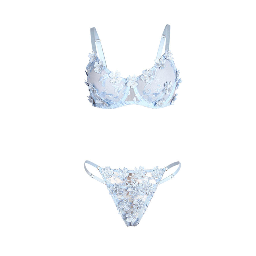 SUBBLIME - 957636 CONJUNTO DE SUTIÃ E CALCINHA BORDADOS COM FLORES AZUL CELESTE L/XL