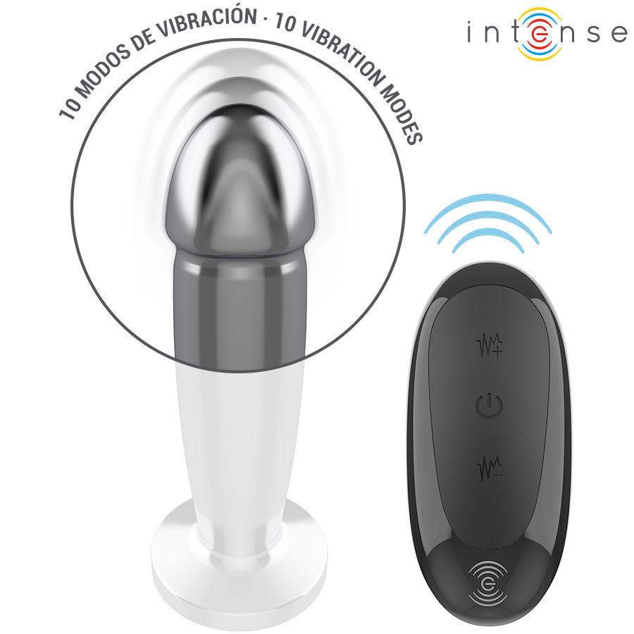 INTENSE - PLUG ANAL 10 VIBRAÇÕES DILDO DE METAL COM CONTROLE REMOTO M