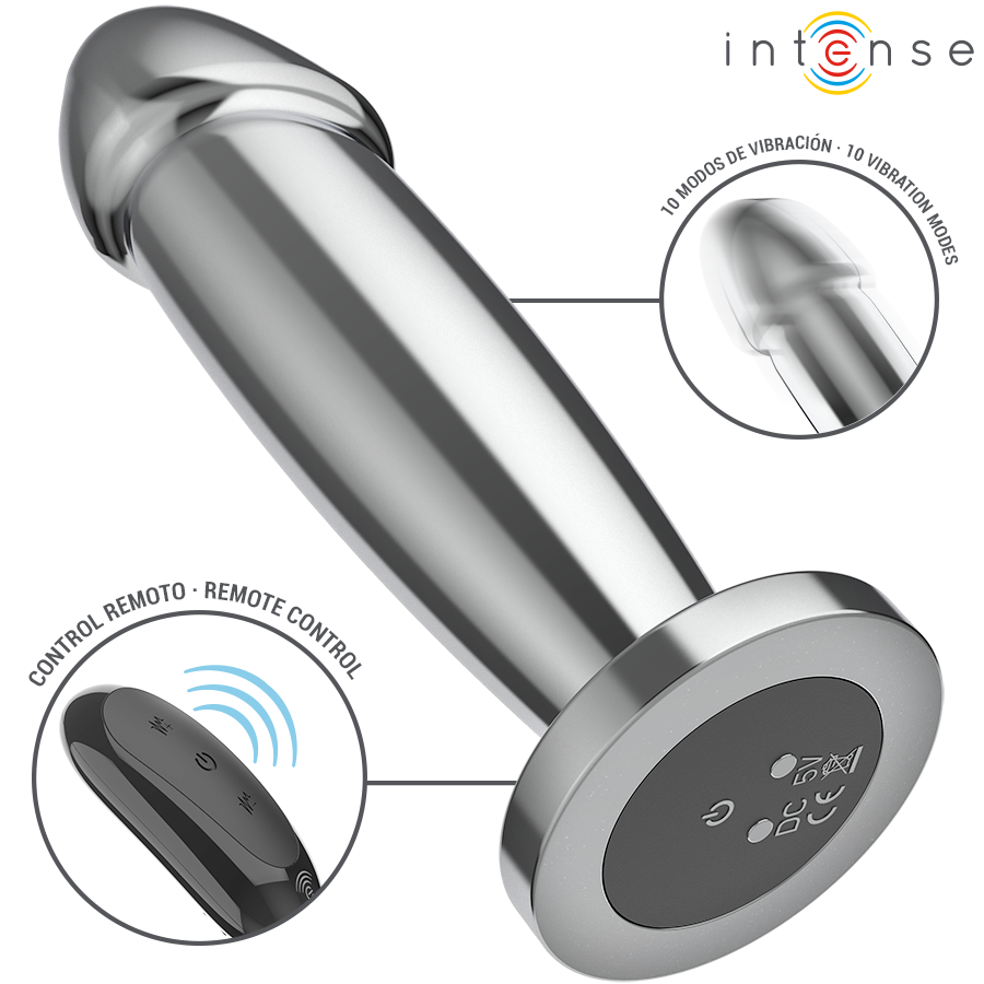 INTENSE - PLUG ANAL 10 VIBRAÇÕES DILDO DE METAL COM CONTROLE REMOTO M