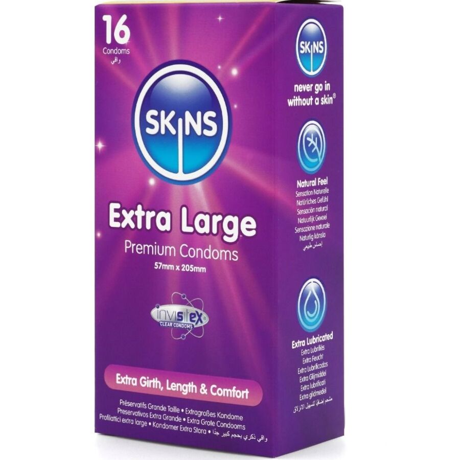 SKINS - PRESERVATIVOS EXTRA GRANDE PREMIUM PACOTE COM 16
