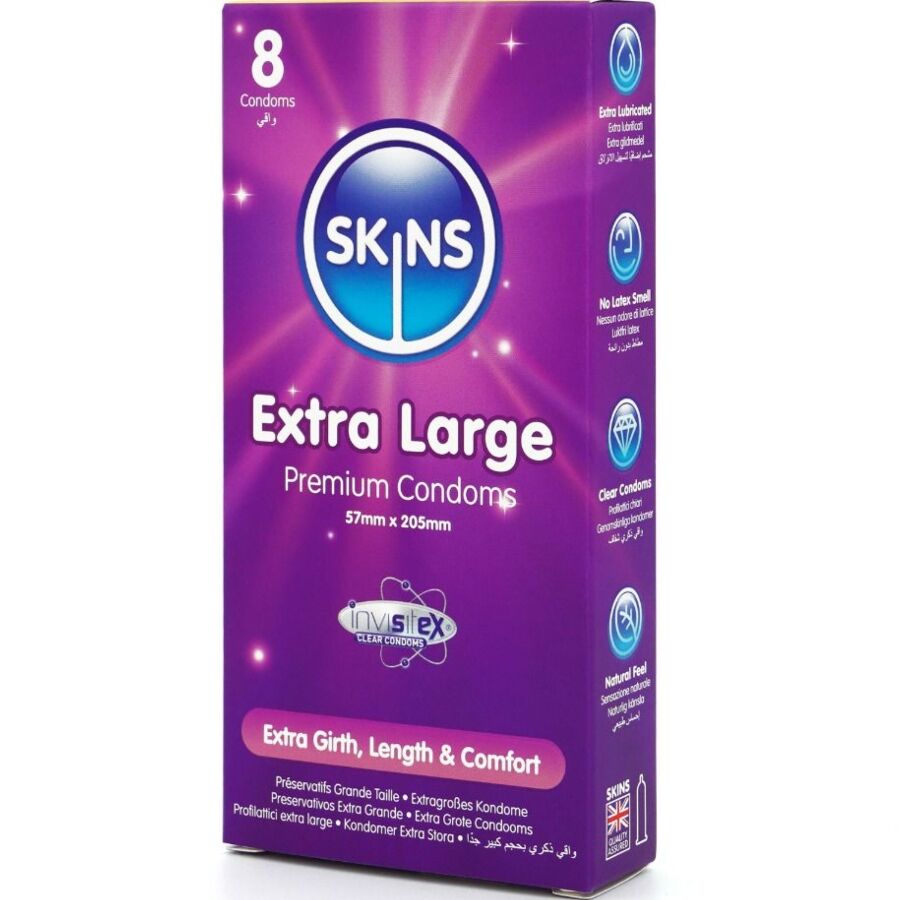 SKINS - PRESERVATIVOS EXTRA GRANDE PREMIUM PACOTE COM 8