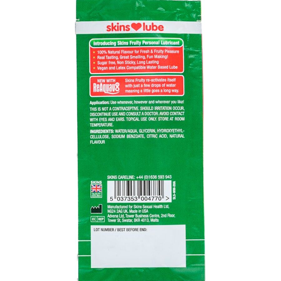 SKINS - LUBRIFICANTE À BASE DE ÁGUA COM SABOR DE MELANCIA - DOSE ÚNICA DE 5 ML