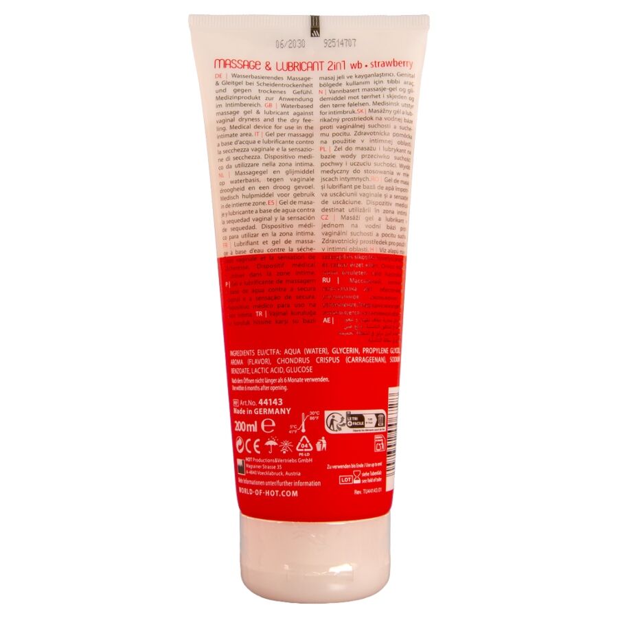 HOT - GEL DE MASSAGEM E DESLIZAMENTO 2 EM 1 MORANGO 200 ML