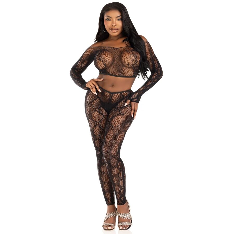 LEG AVENUE - 89373 TOP CROPPED COM ESTAMPA DE PYTHON E MEIA-CALÇA SEM PÉ PRETA - TAMANHO ÚNICO