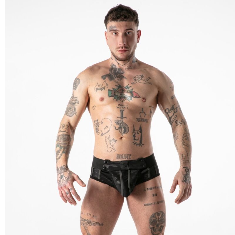 LOCKER GEAR - CUECA JOCK SURF COM ACESSO MILITAR COMPLETO, PRETA, TAMANHO M