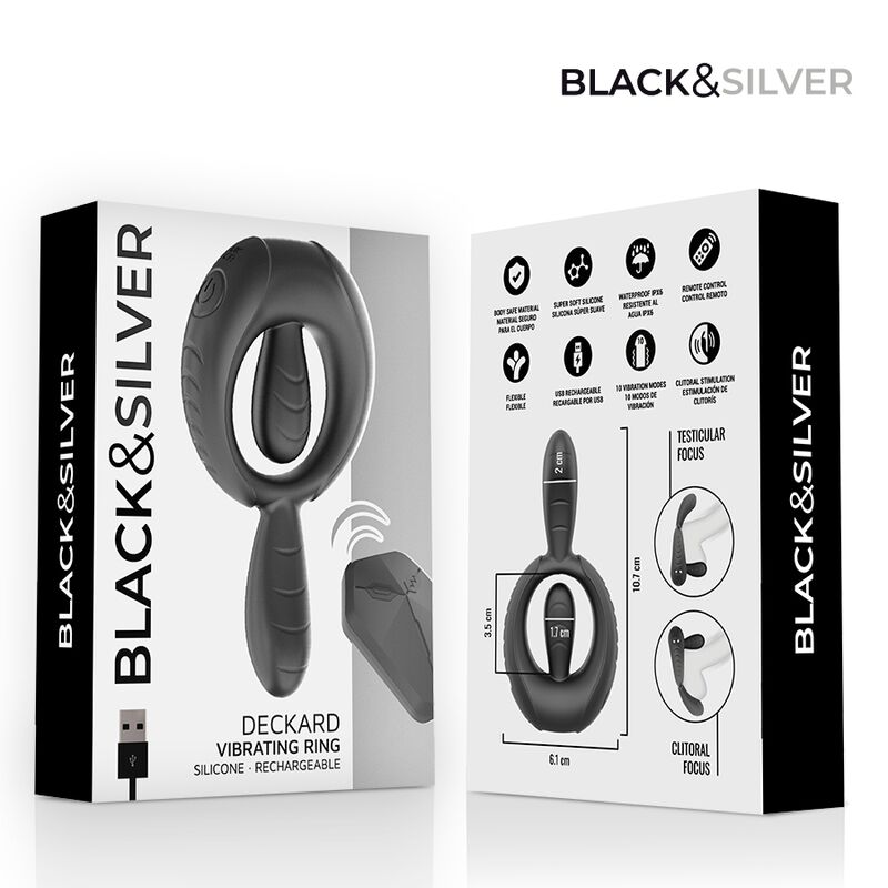 BLACK &amp; SILVER - ANEL VIBRATÓRIO RECARREGÁVEL DECKARD COM CONTROLE REMOTO BLACK &amp; SILVER