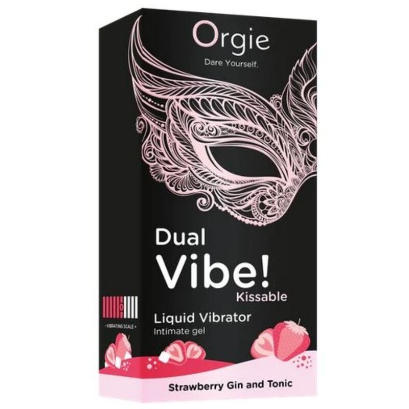 ORGIE - DUAL VIBE! VIBRADOR LÍQUIDO BEIJÁVEL COM SABOR DE MORANGO, GIN TÔNICA, 15 ML