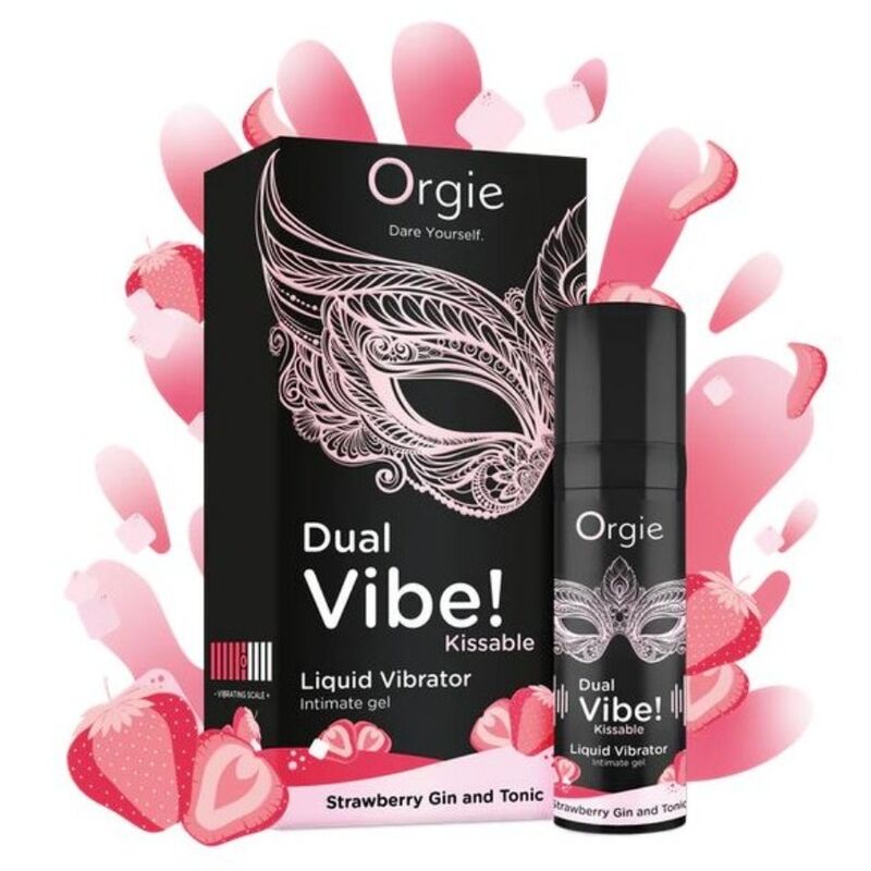 ORGIE - DUAL VIBE! VIBRADOR LÍQUIDO BEIJÁVEL COM SABOR DE MORANGO, GIN TÔNICA, 15 ML