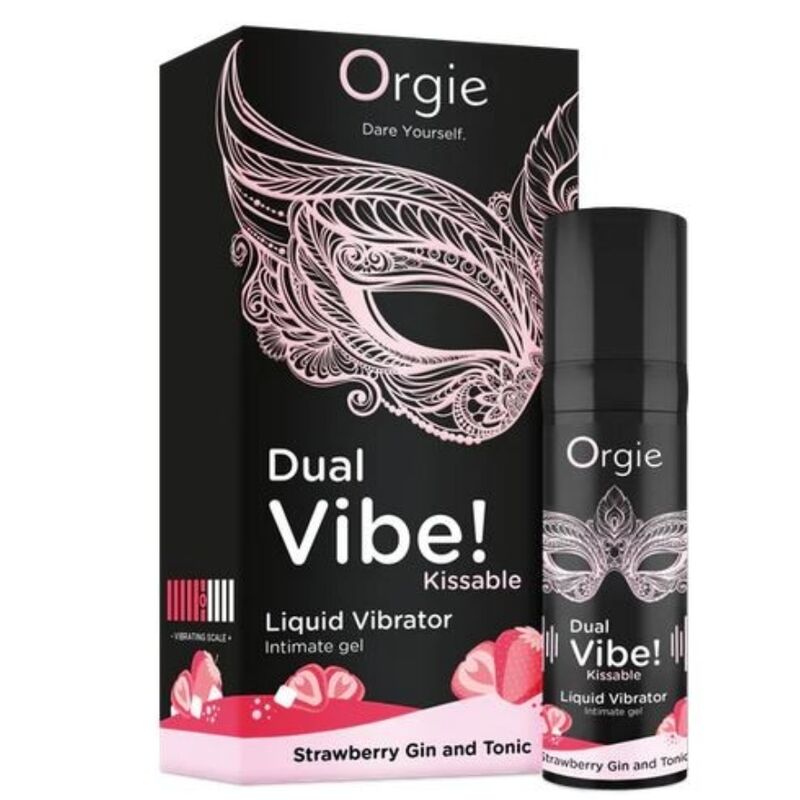 ORGIE - DUAL VIBE! VIBRADOR LÍQUIDO BEIJÁVEL COM SABOR DE MORANGO, GIN TÔNICA, 15 ML
